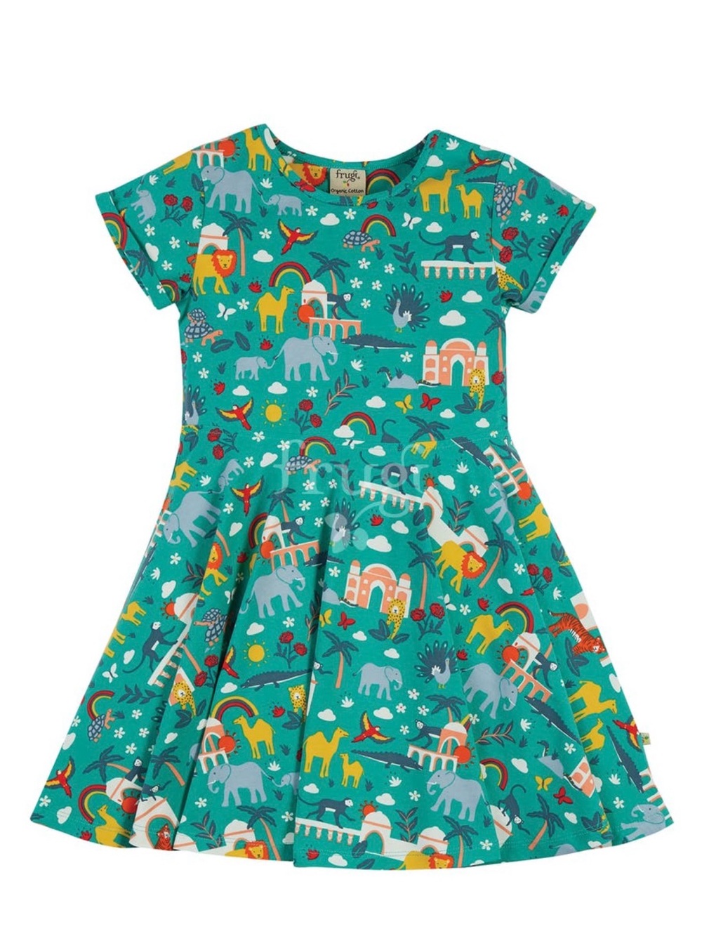 Frugi “India” dress, UK, organic cotton, Teal Animal & Rainbow Twirl Dress 5-6